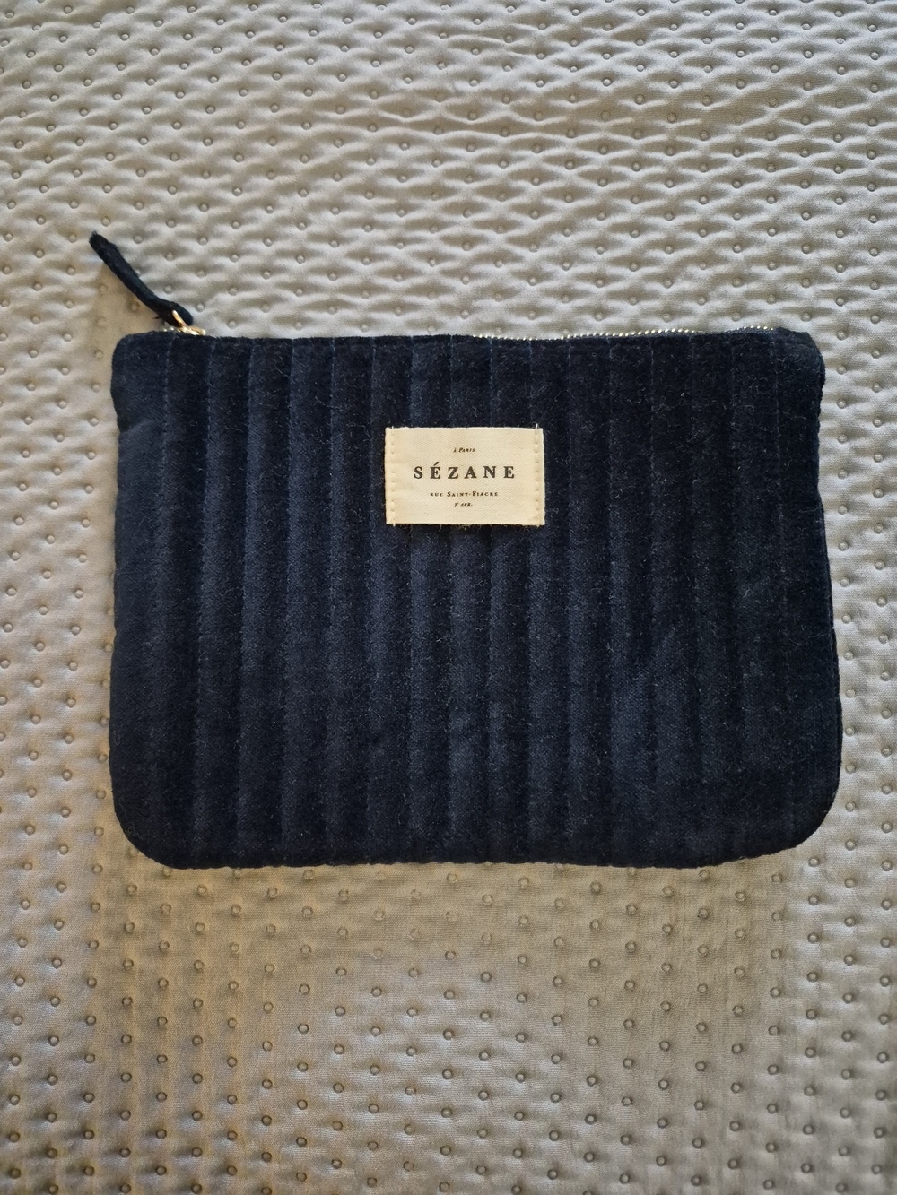 Sézane Navy Quilted Cotton Velvet Cosmetic Bag Pouch - Picture 2 of 6